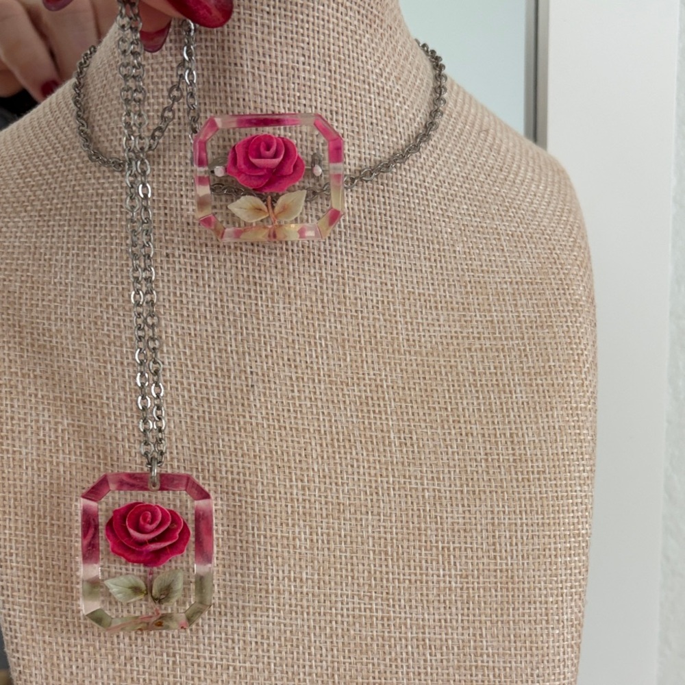 Vintage Red Rose Pendant on a Silver Chain with matching brooch